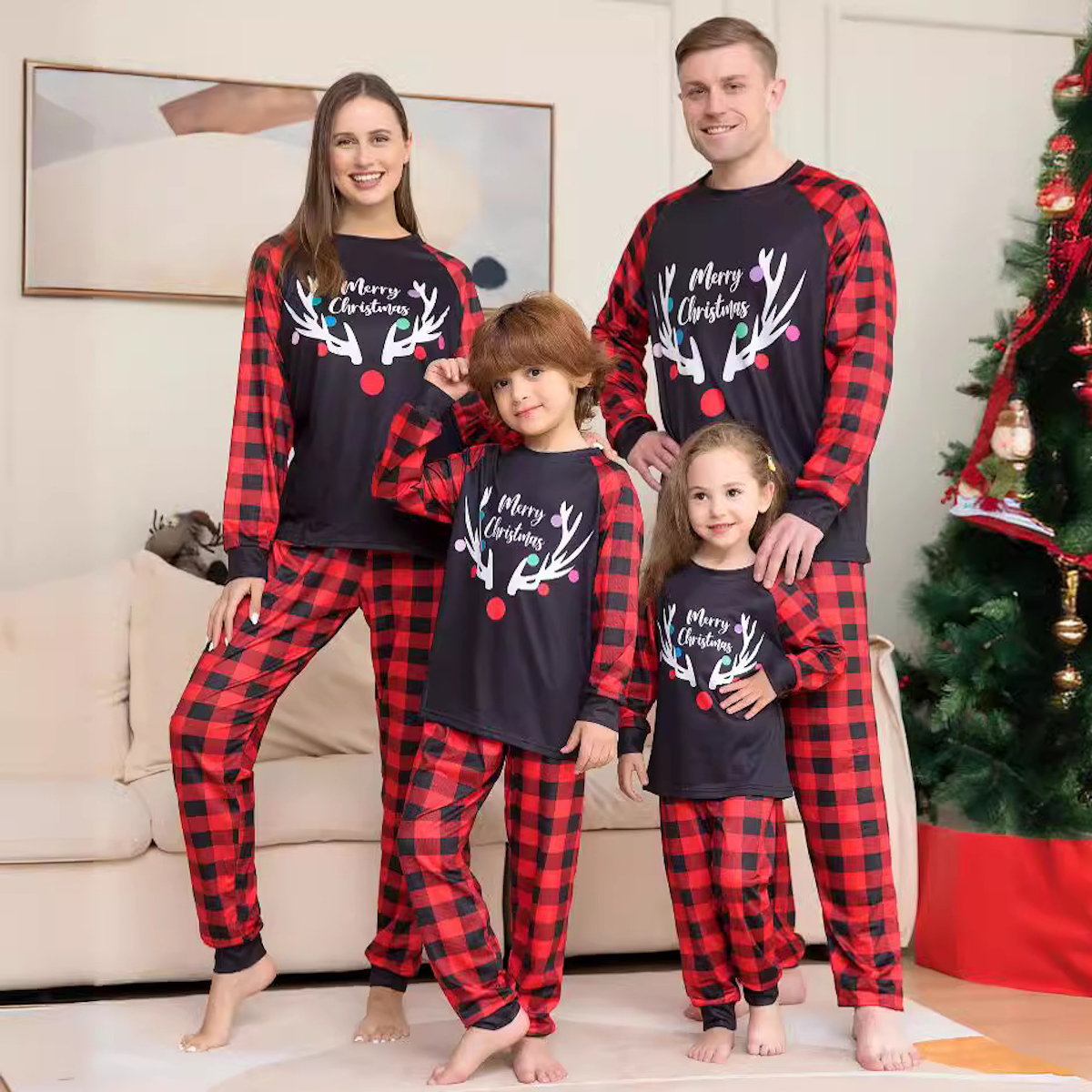 Reindeer Merry Christmas Plaid Checkered Christmas Family Matching Christmas PJS Pyjamas Set - ChildAngle