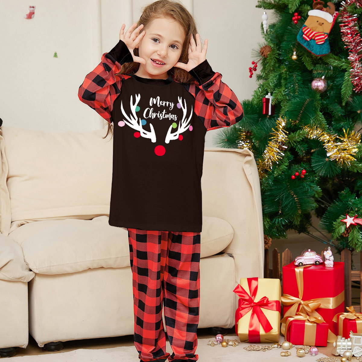 Reindeer Merry Christmas Plaid Checkered Christmas Family Matching Christmas PJS Pyjamas Set - ChildAngle