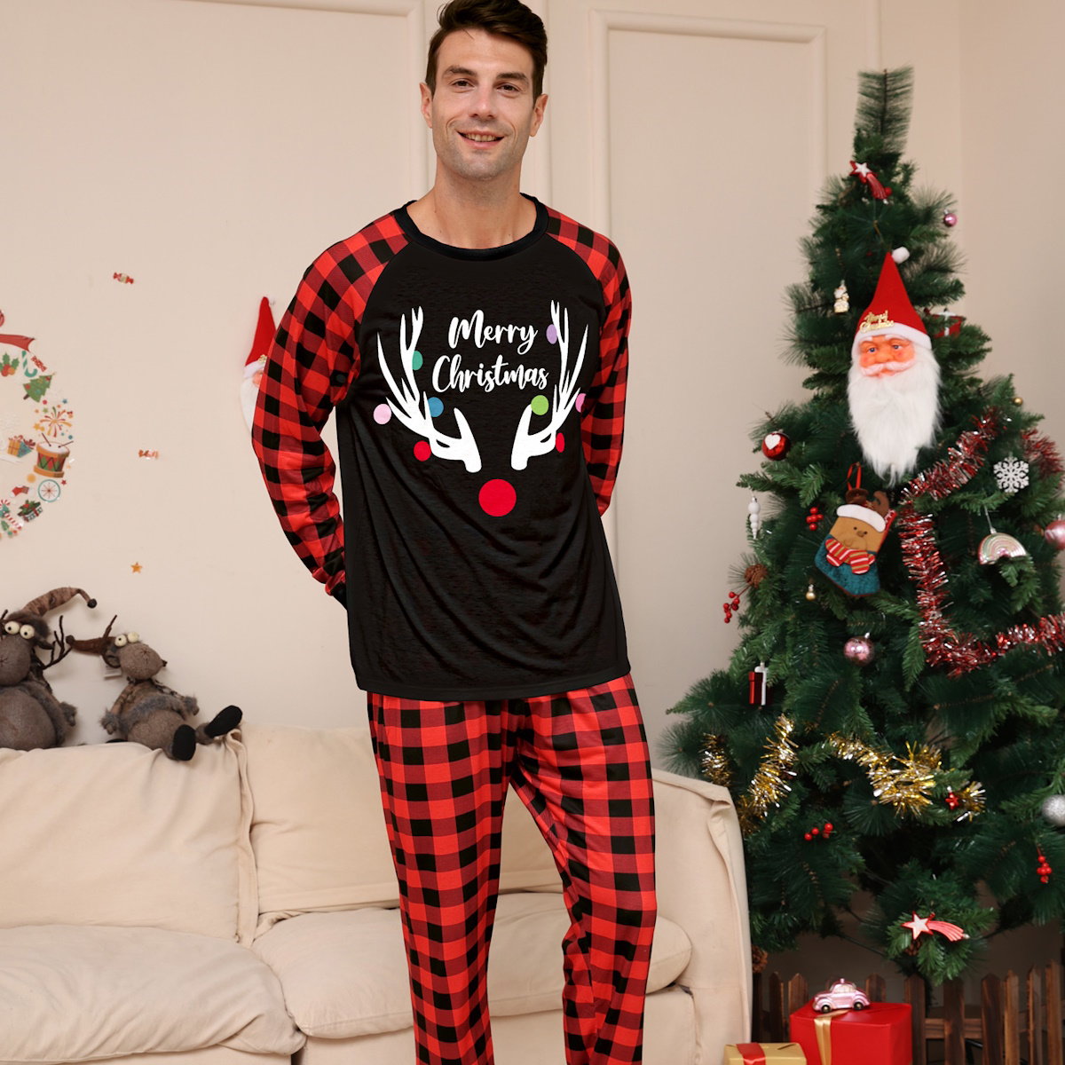 Reindeer Merry Christmas Plaid Checkered Christmas Family Matching Christmas PJS Pyjamas Set - ChildAngle