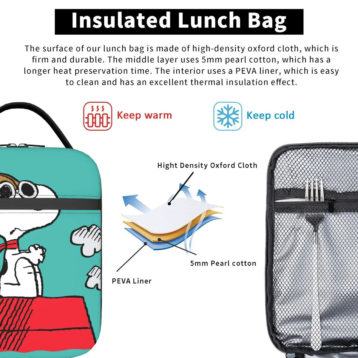 Lovely Print Snoopy Lunch Tote with Side Mesh Pocket - ChildAngle