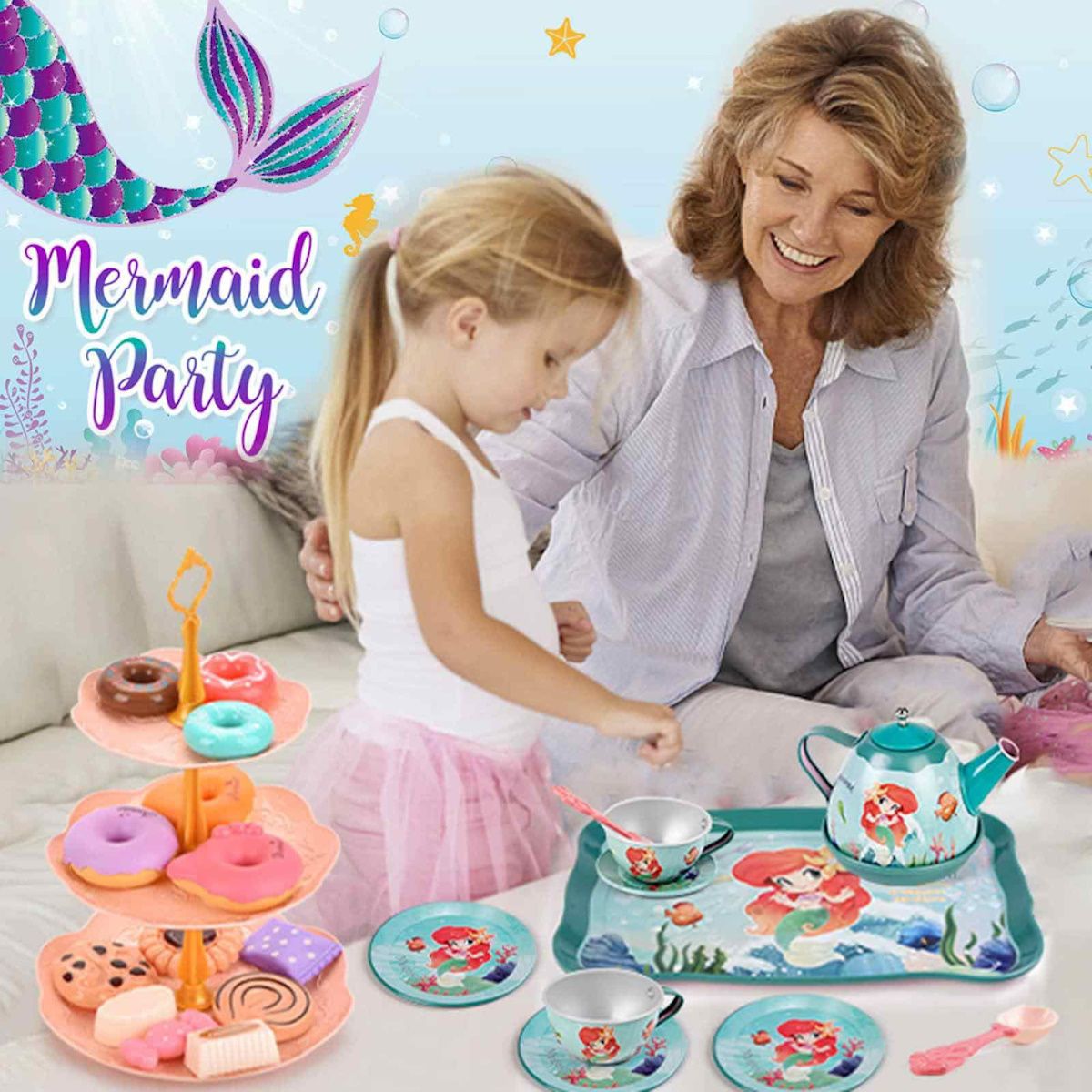 Mermaid Afternoon Tea Pretend Play Tea Party Toys with Alloy Storage Box - ChildAngle