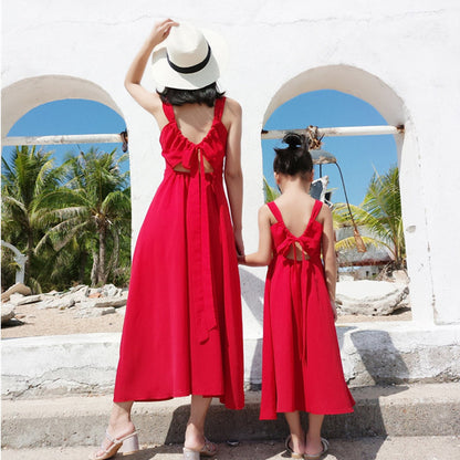 Mommy and Me Matching Dress Red Sleeveless Dress for Halter Back Ruffle Dress - ChildAngle