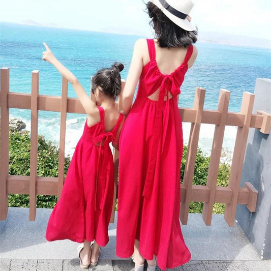 Mommy and Me Matching Dress Red Sleeveless Dress for Halter Back Ruffle Dress - ChildAngle