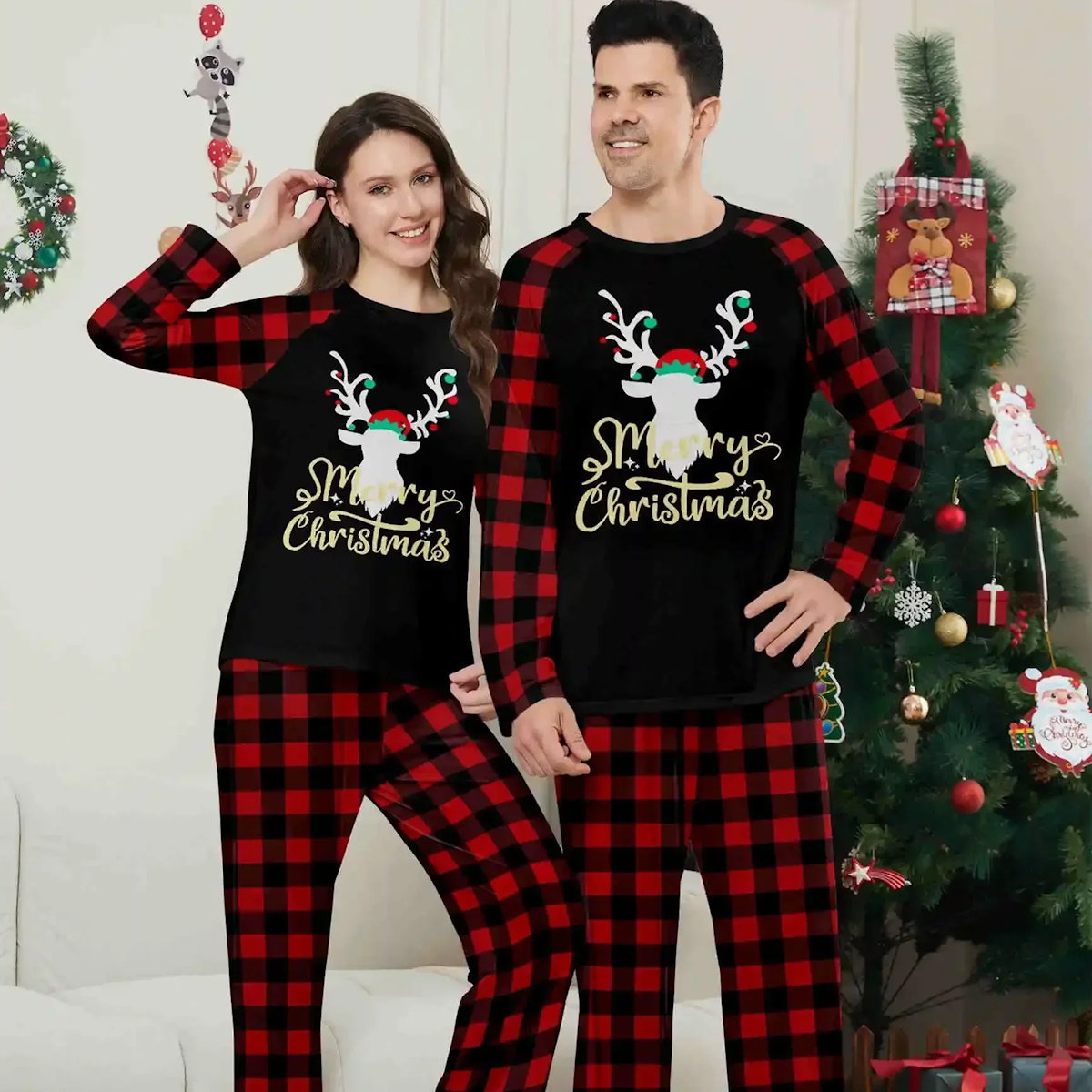 Reindeer Merry Christmas Plaid Checkered Christmas Family Matching Christmas PJS Pyjamas Set - ChildAngle