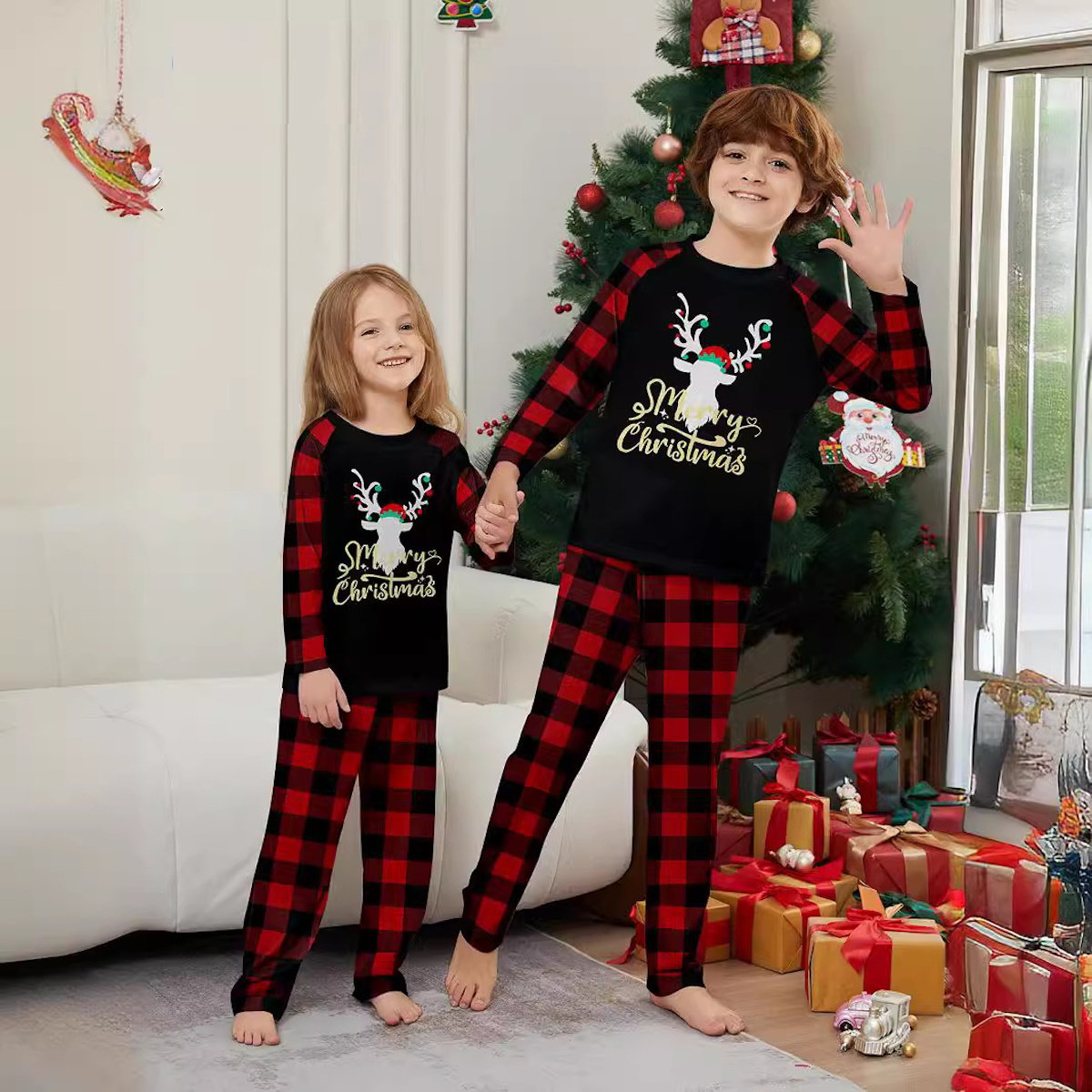 Reindeer Merry Christmas Plaid Checkered Christmas Family Matching Christmas PJS Pyjamas Set - ChildAngle