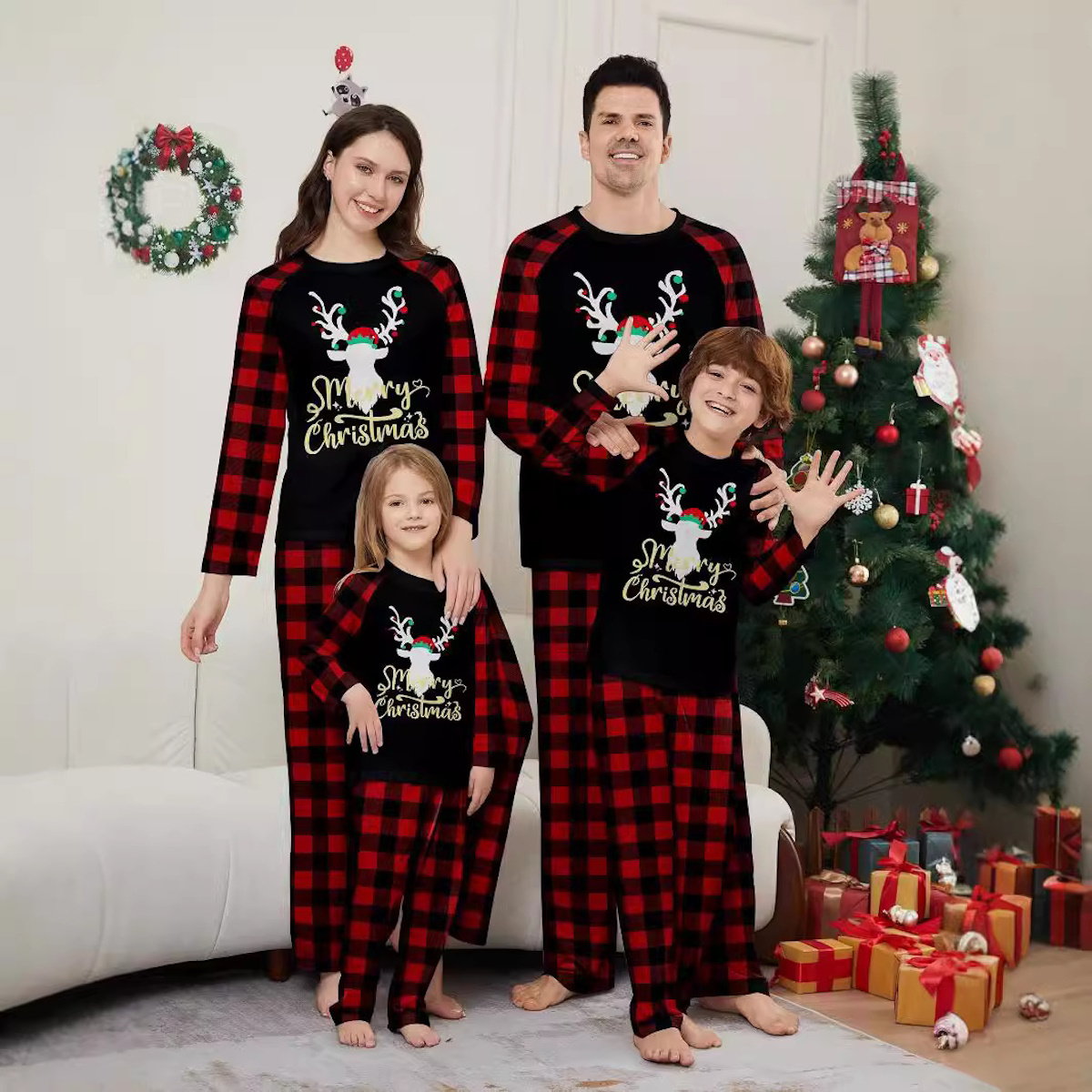 Reindeer Merry Christmas Plaid Checkered Christmas Family Matching Christmas PJS Pyjamas Set - ChildAngle
