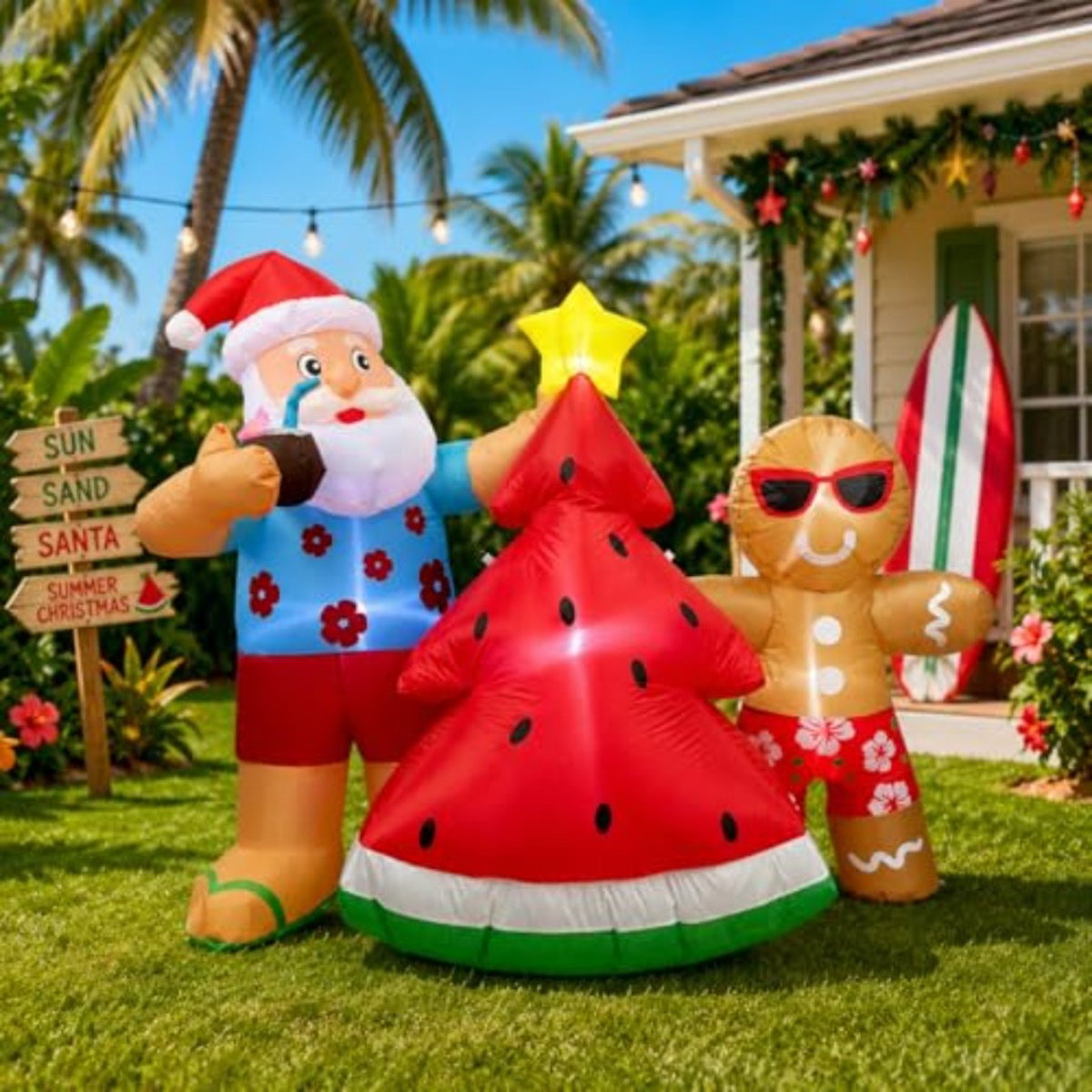 6.5ft Santa Claus Inflatables Surfing Santa Watermelon Christmas Tree - ChildAngle