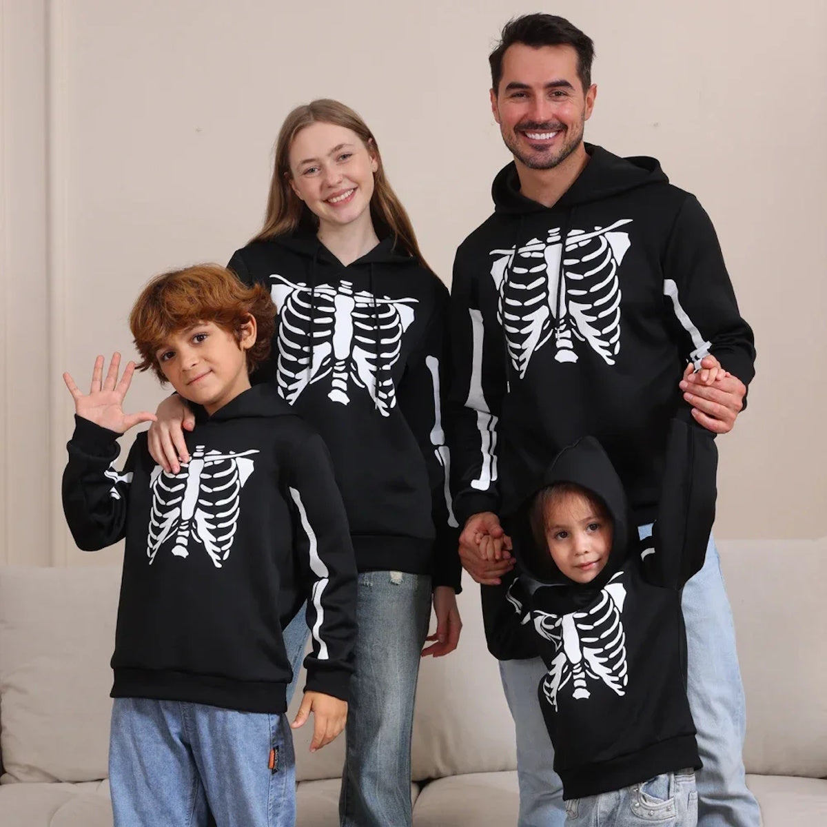 Family Matching Outfits Halloween Skeleton Print Long-sleeve Pullover Sweatshirts - ChildAngle