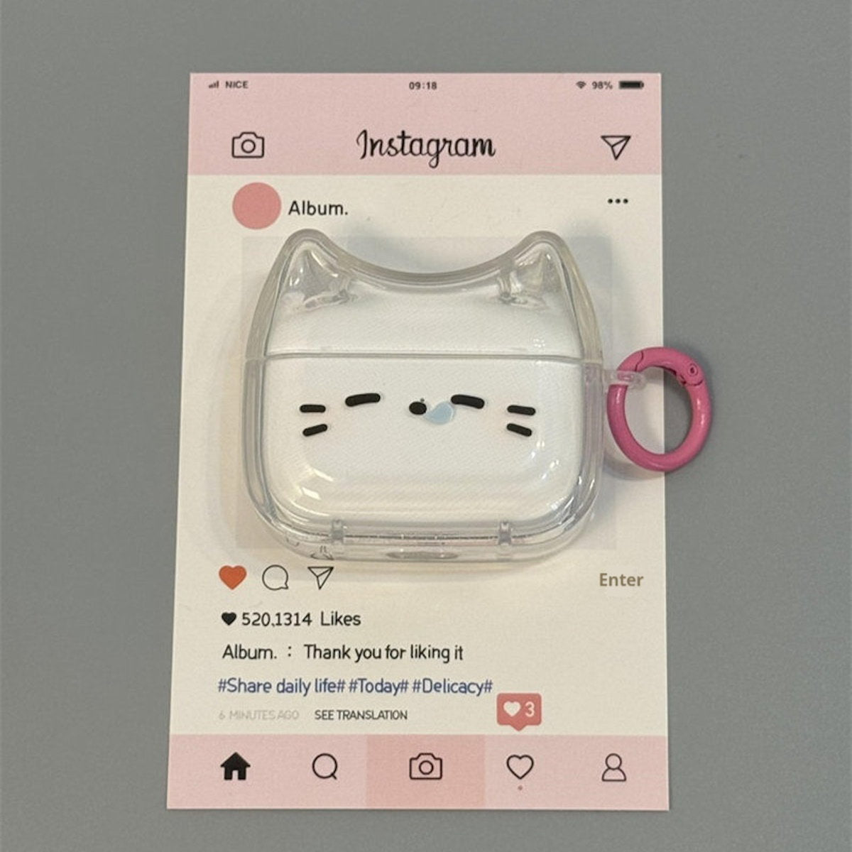 Cat-shaped air pod case with pink ring - ChildAngle Sleepy Cat AirPods Case
