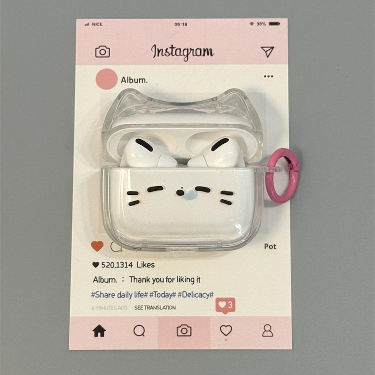 Cat-shaped air pod case with pink ring - ChildAngle Sleepy Cat AirPods Case