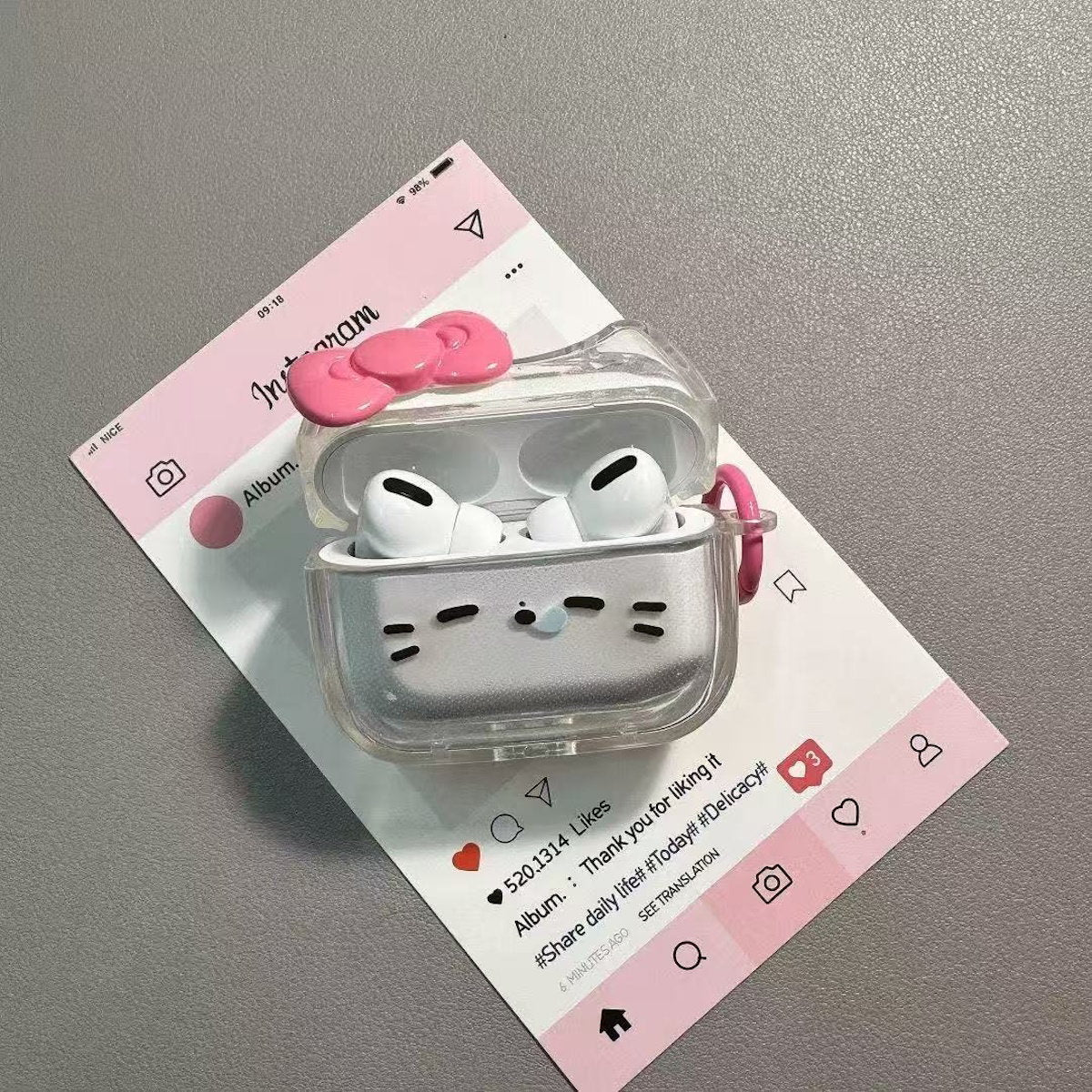 Cat-shaped air pod case with pink ring - ChildAngle Sleepy Cat AirPods Case