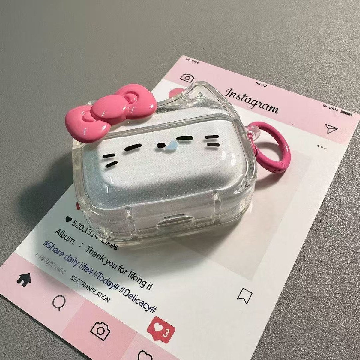 Cat-shaped air pod case with pink ring - ChildAngle Sleepy Cat AirPods Case
