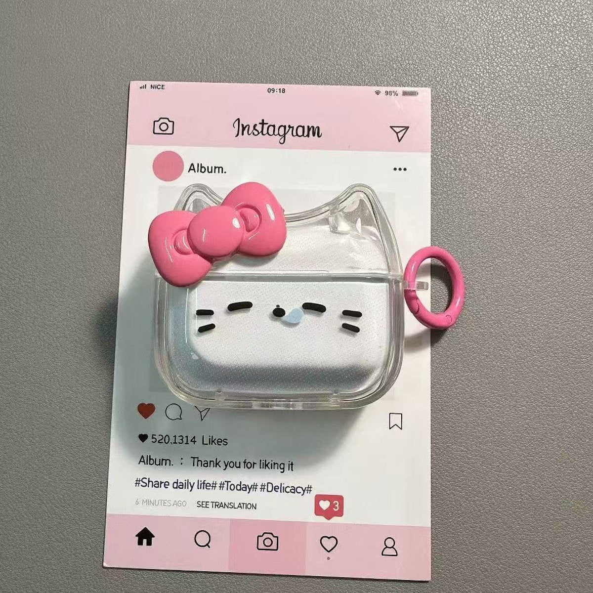 Cat-shaped air pod case with pink ring - ChildAngle Sleepy Cat AirPods Case