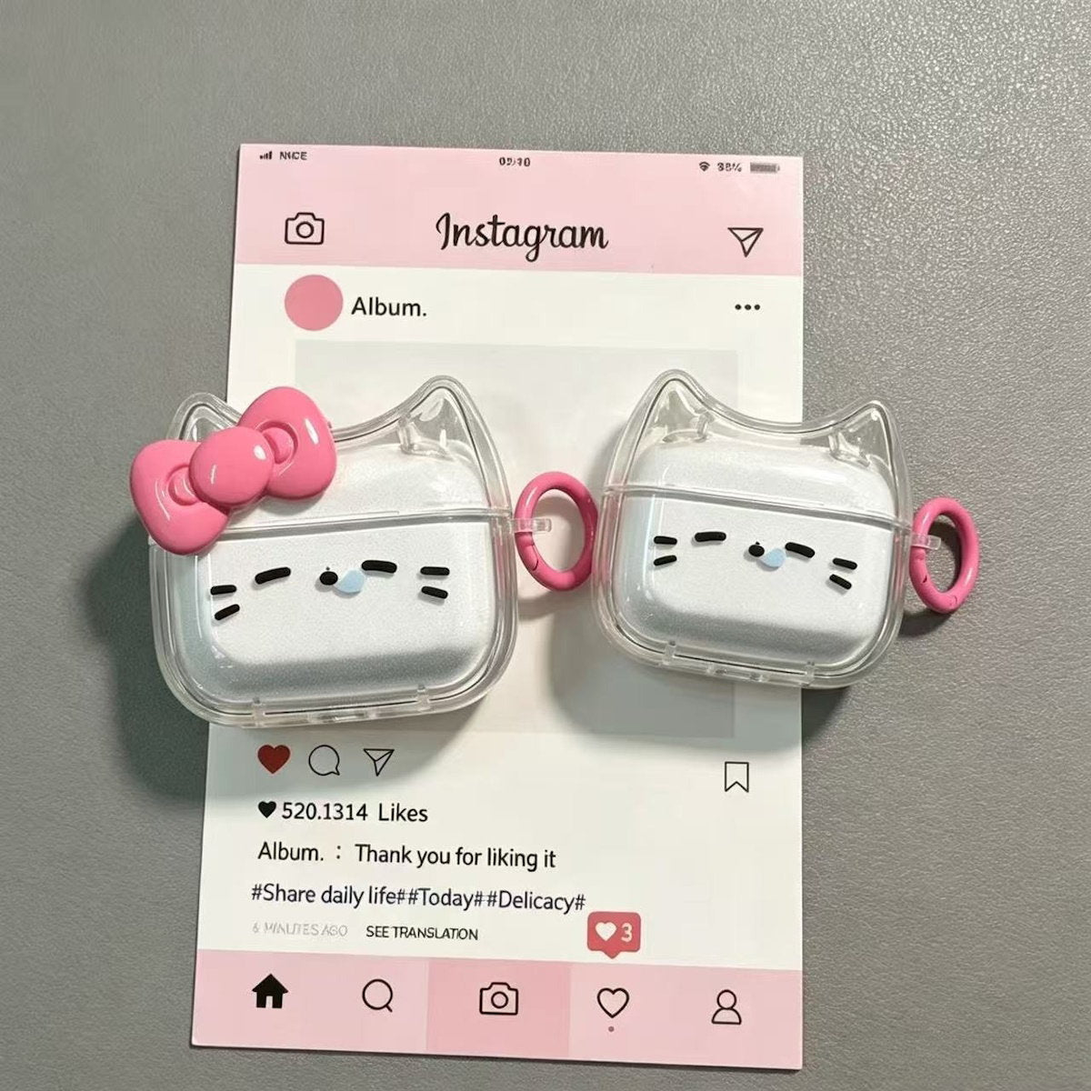 Cat-shaped air pod case with pink ring - ChildAngle Sleepy Cat AirPods Case