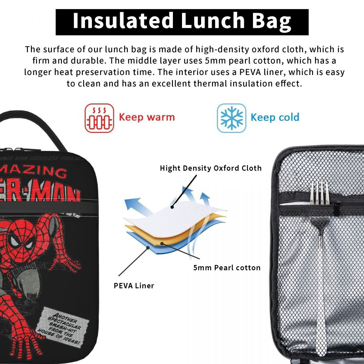 Spiderman Lunch Bag Spider Web Portable Tote with Side Mesh Pocket