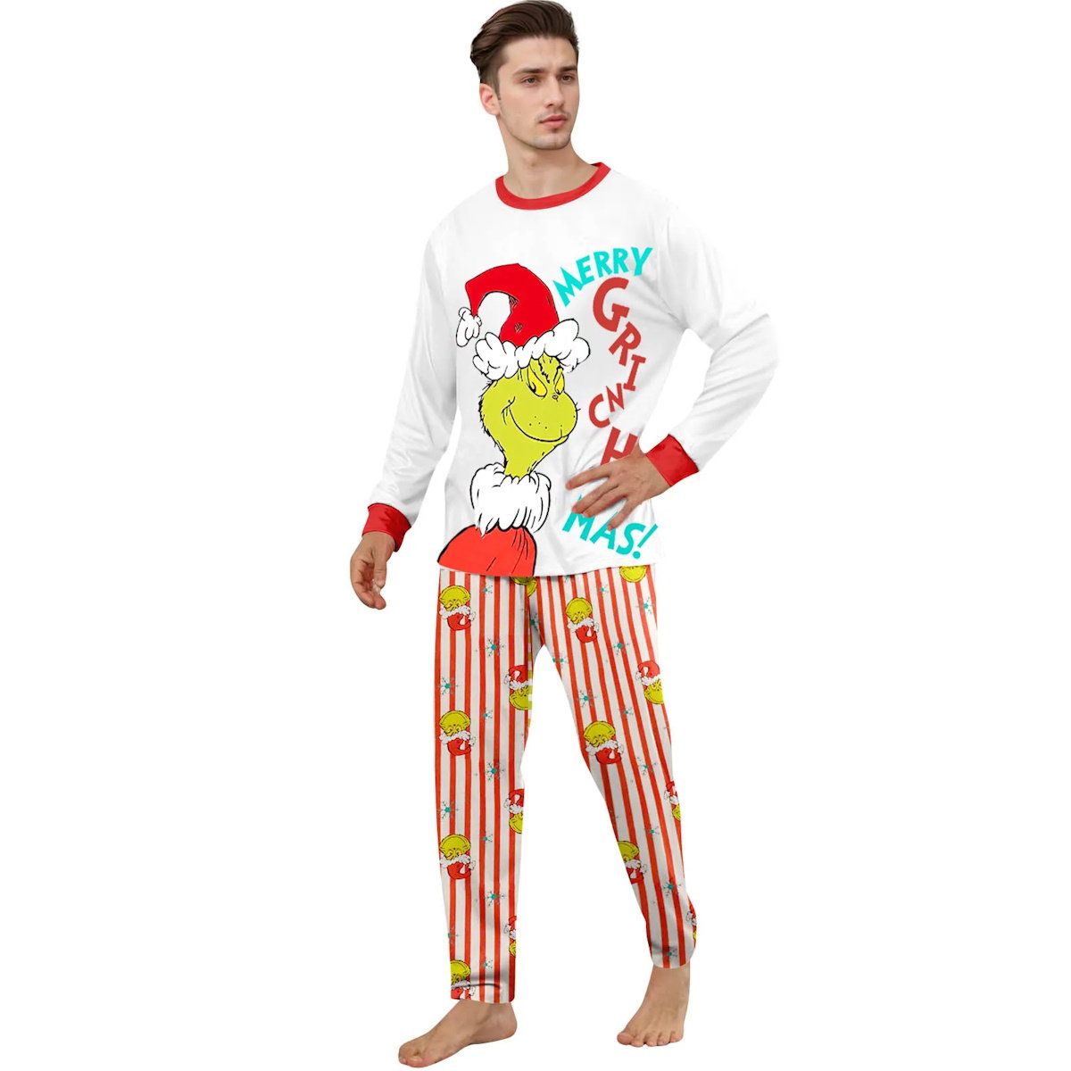 Striped Grinch Matching Christmas PJS Elf Pajamas Family Set Santa Hat Christmas Pants - ChildAngle