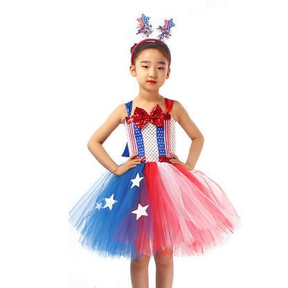 Teen Girls 4th of July Costume Bowknow Tulle Dress with Headband - ChildAngle
