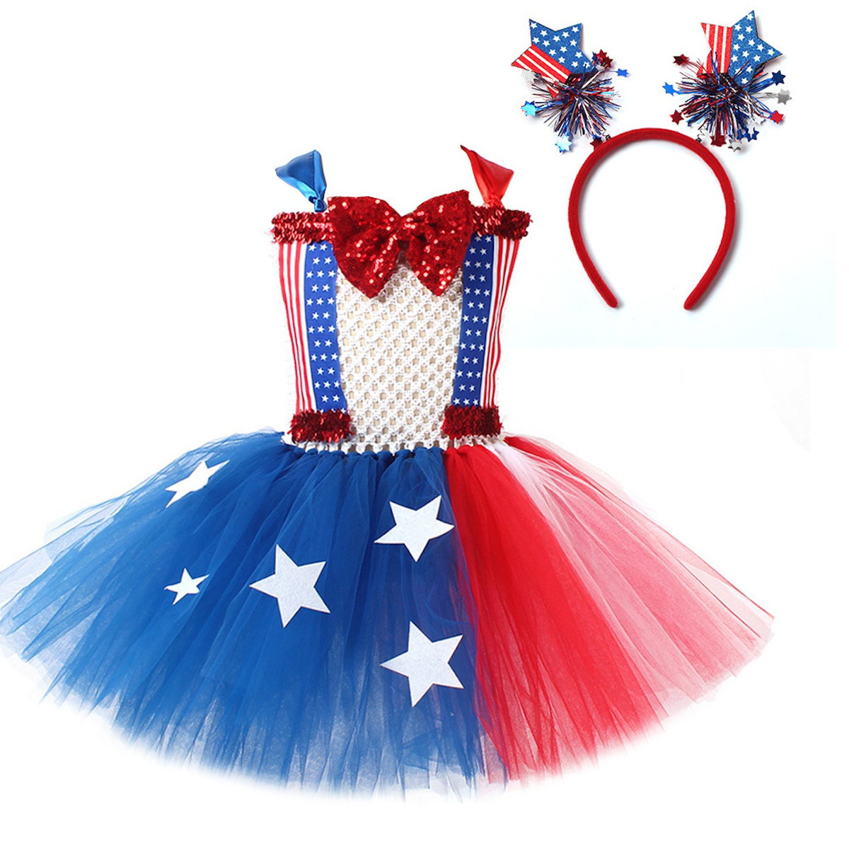 Teen Girls 4th of July Costume Bowknow Tulle Dress with Headband - ChildAngle