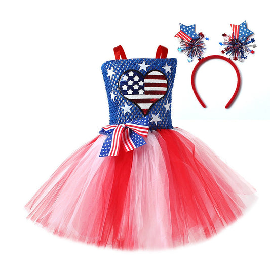 Teen Girls 4th of July Costume Bowknow Tulle Dress with Headband - ChildAngle