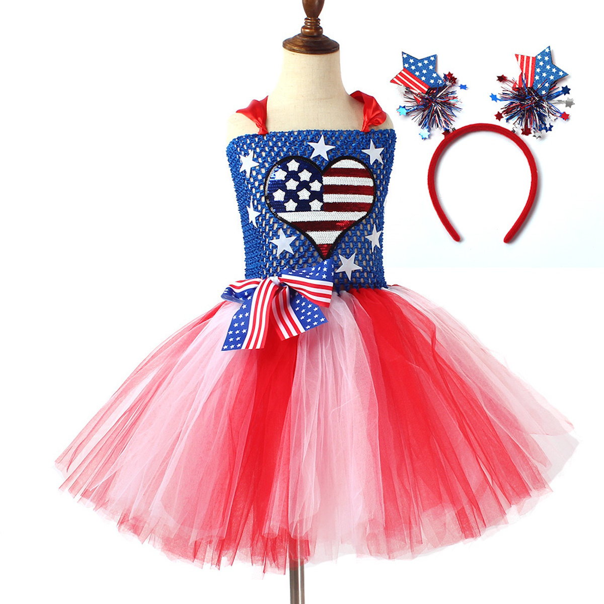 Teen Girls 4th of July Costume Bowknow Tulle Dress with Headband - ChildAngle