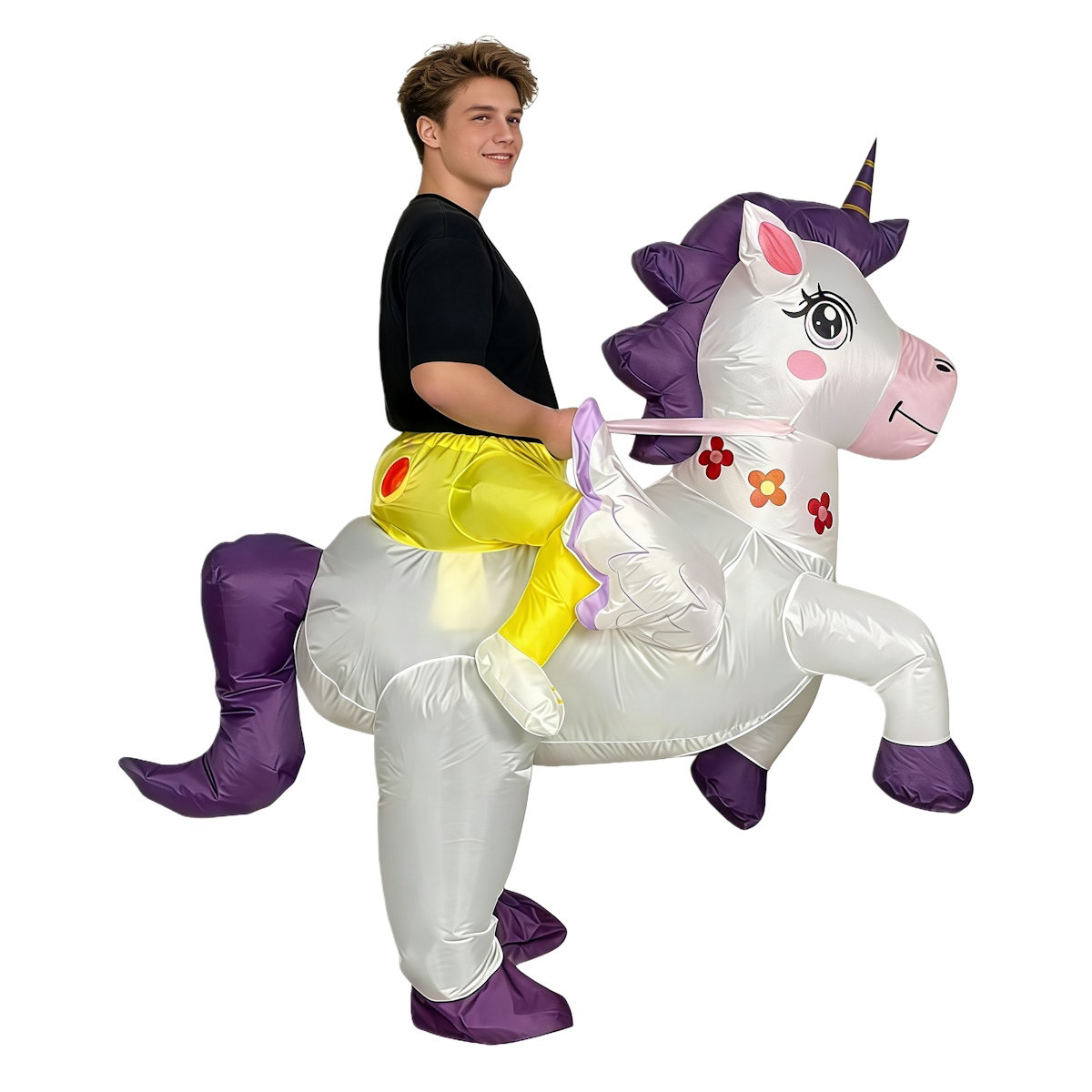 Teens Riding Inflatable Unicorn Costumes - ChildAngle