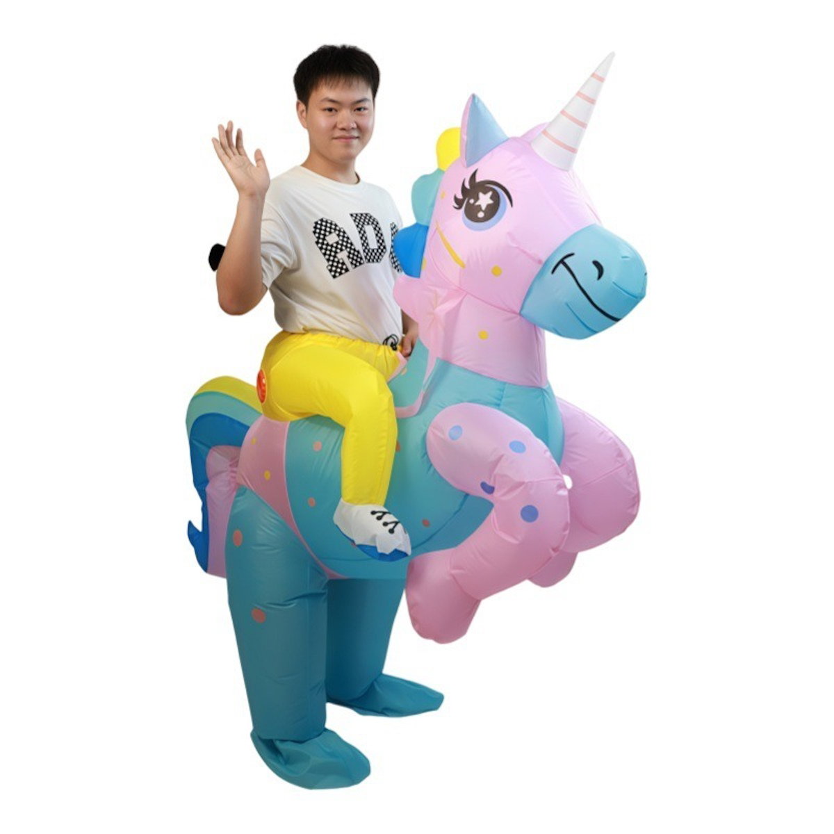 Teens Riding Inflatable Unicorn Costumes - ChildAngle