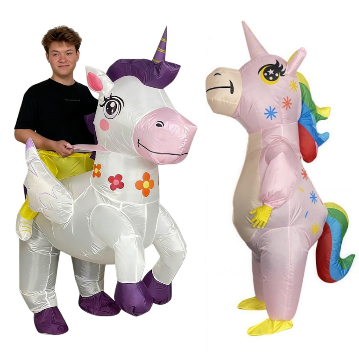 Teens Riding Inflatable Unicorn Costumes - ChildAngle