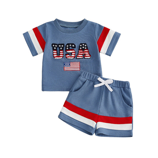 Blue Toddler Boys American Flag Stripde Tops and Shorts - ChildAngle