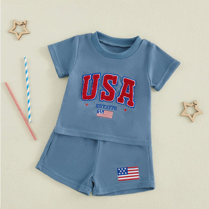 Blue Toddler Boys American Flag Stripde Tops and Shorts - ChildAngle
