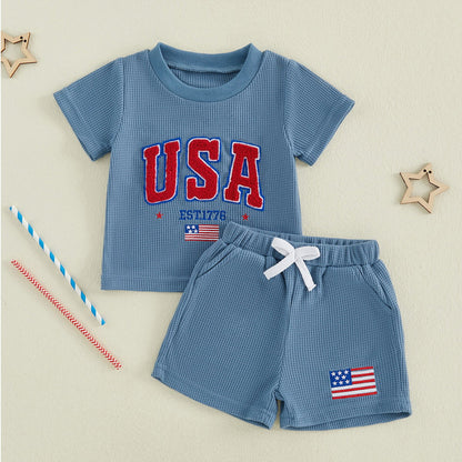 Blue Toddler Boys American Flag Stripde Tops and Shorts - ChildAngle