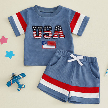 Blue Toddler Boys American Flag Stripde Tops and Shorts - ChildAngle