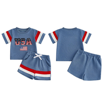 Blue Toddler Boys American Flag Stripde Tops and Shorts - ChildAngle