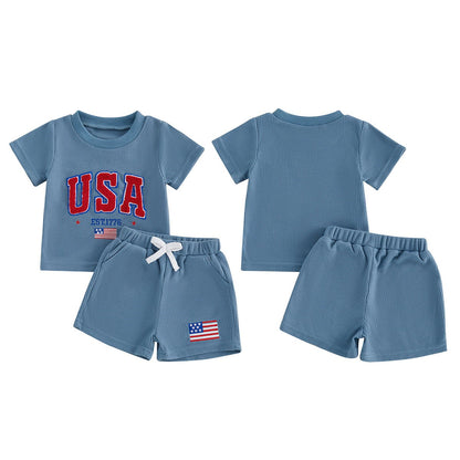 Blue Toddler Boys American Flag Stripde Tops and Shorts - ChildAngle