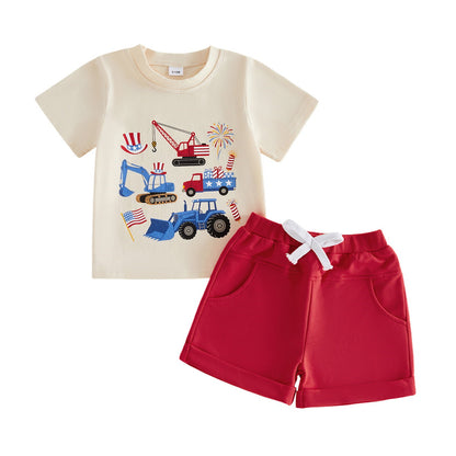 Toddler Graphic Print 4th of July Outfits Baby Boys Engineering Car American Flag Uncle Sam's Hat Crane Sprinkle Boys Shirts and Shorts Set - ChildAngle