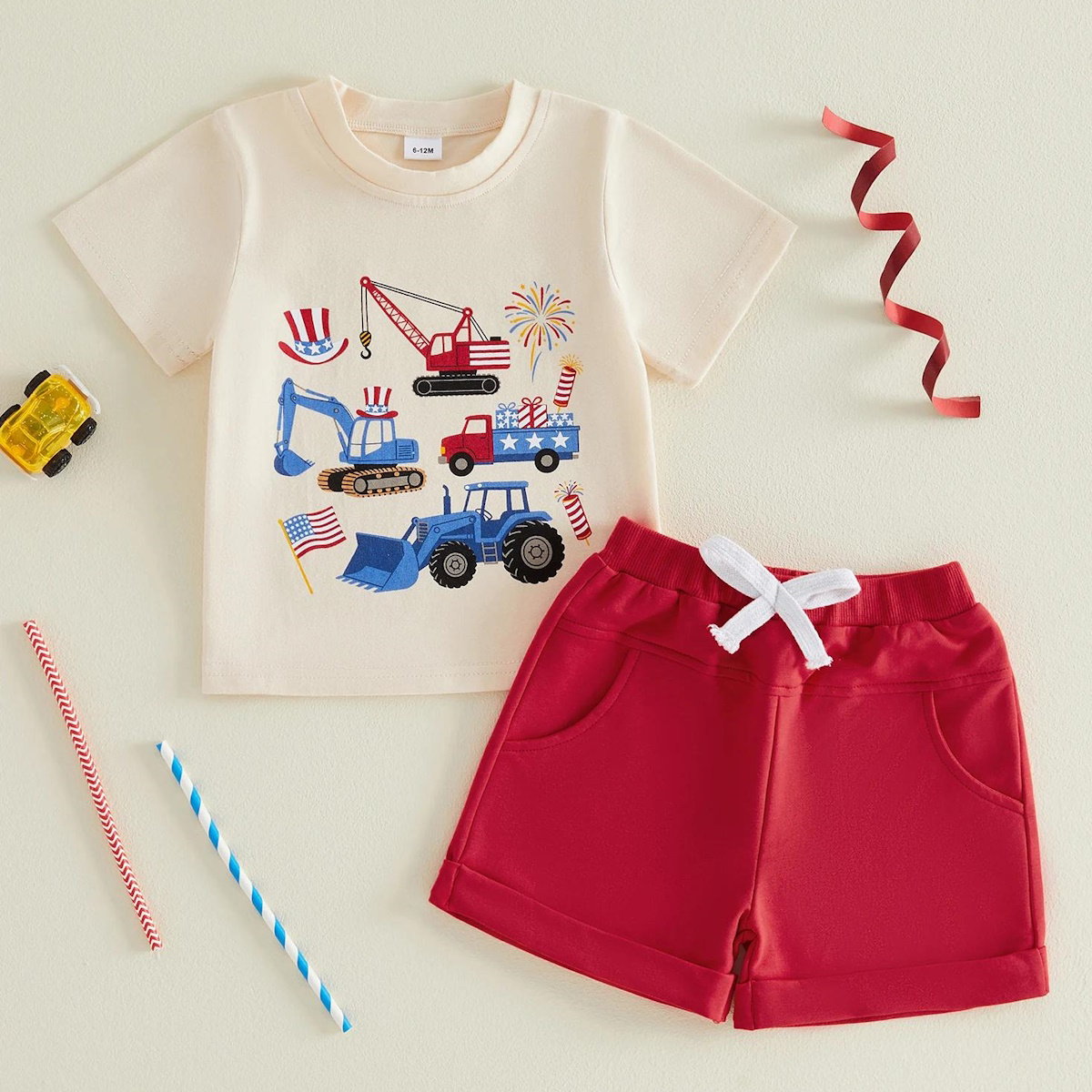 Toddler Graphic Print 4th of July Outfits Baby Boys Engineering Car American Flag Uncle Sam's Hat Crane Sprinkle Boys Shirts and Shorts Set - ChildAngle