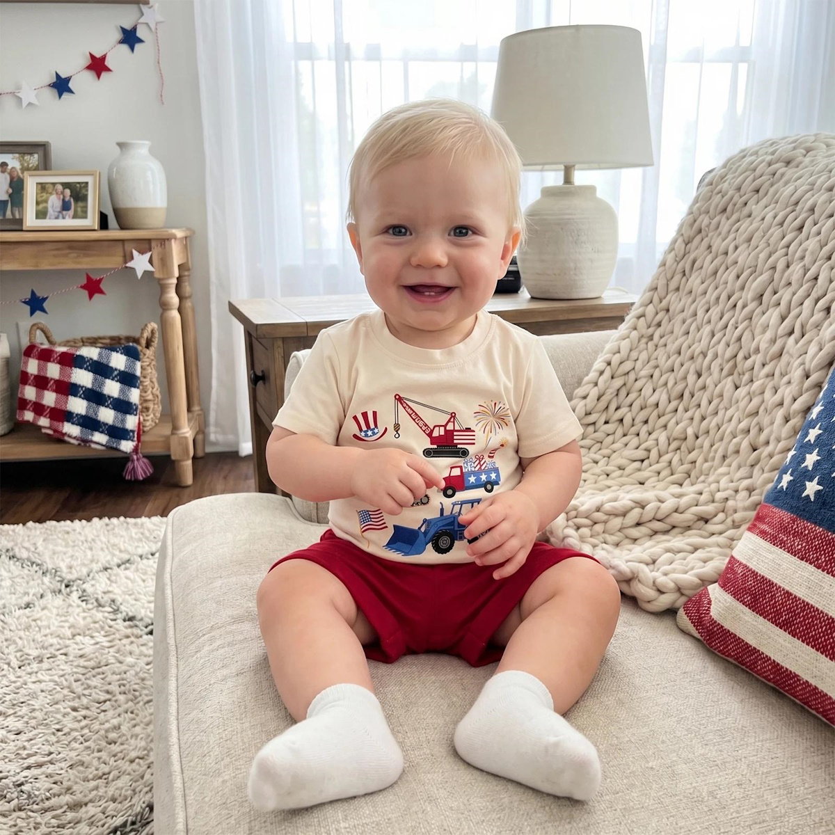 Toddler Graphic Print 4th of July Outfits Baby Boys Engineering Car American Flag Uncle Sam's Hat Crane Sprinkle Boys Shirts and Shorts Set - ChildAngle
