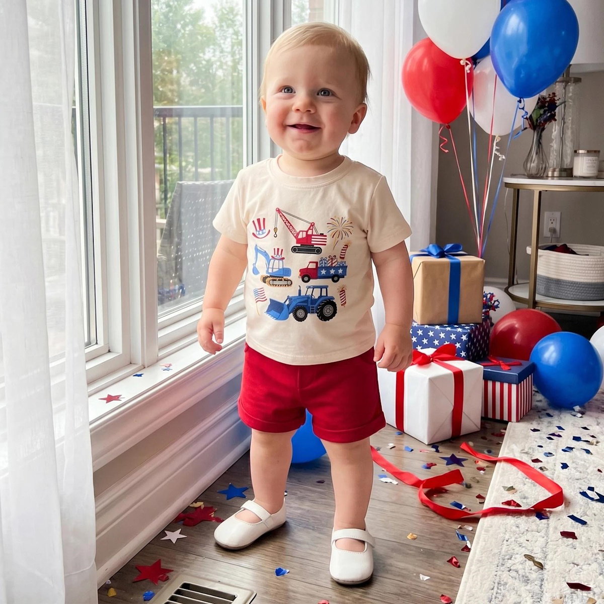 Toddler Graphic Print 4th of July Outfits Baby Boys Engineering Car American Flag Uncle Sam's Hat Crane Sprinkle Boys Shirts and Shorts Set - ChildAngle