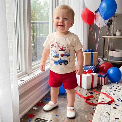 Toddler Graphic Print 4th of July Outfits Baby Boys Engineering Car American Flag Uncle Sam's Hat Crane Sprinkle Boys Shirts and Shorts Set - ChildAngle