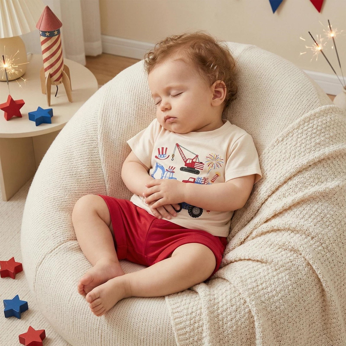 Toddler Graphic Print 4th of July Outfits Baby Boys Engineering Car American Flag Uncle Sam's Hat Crane Sprinkle Boys Shirts and Shorts Set - ChildAngle
