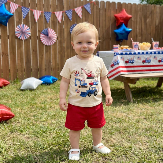 Toddler Graphic Print 4th of July Outfits Baby Boys Engineering Car American Flag Uncle Sam's Hat Crane Sprinkle Boys Shirts and Shorts Set - ChildAngle
