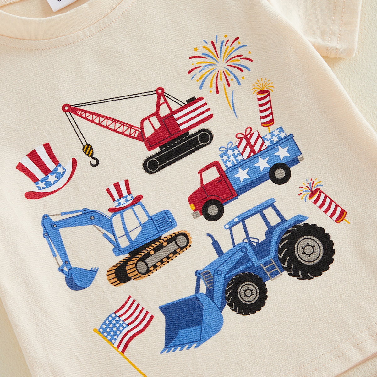 Toddler Graphic Print 4th of July Outfits Baby Boys Engineering Car American Flag Uncle Sam's Hat Crane Sprinkle Boys Shirts and Shorts Set - ChildAngle