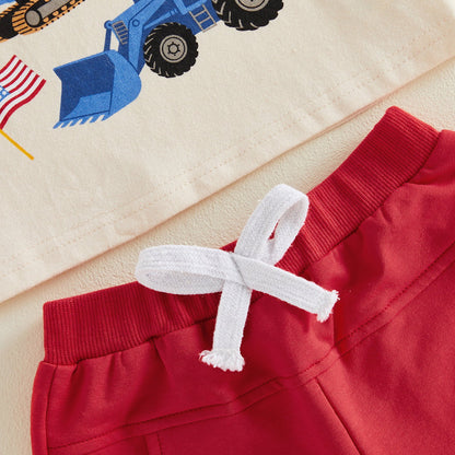 Toddler Graphic Print 4th of July Outfits Baby Boys Engineering Car American Flag Uncle Sam's Hat Crane Sprinkle Boys Shirts and Shorts Set - ChildAngle