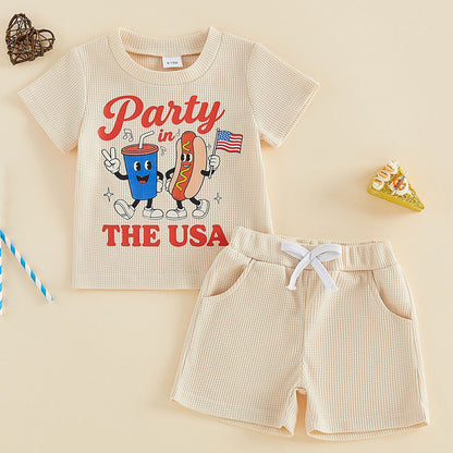 Toddler Boys outfit with 'Party in the USA' t-shirt and shorts - ChildAngle Toddler Boys Drink and Hot Dog American Flag Letter Print Party in the USA Children Top and Shorts Set for Independence Day