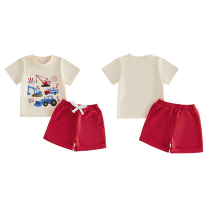 Toddler Graphic Print 4th of July Outfits Baby Boys Engineering Car American Flag Uncle Sam's Hat Crane Sprinkle Boys Shirts and Shorts Set - ChildAngle