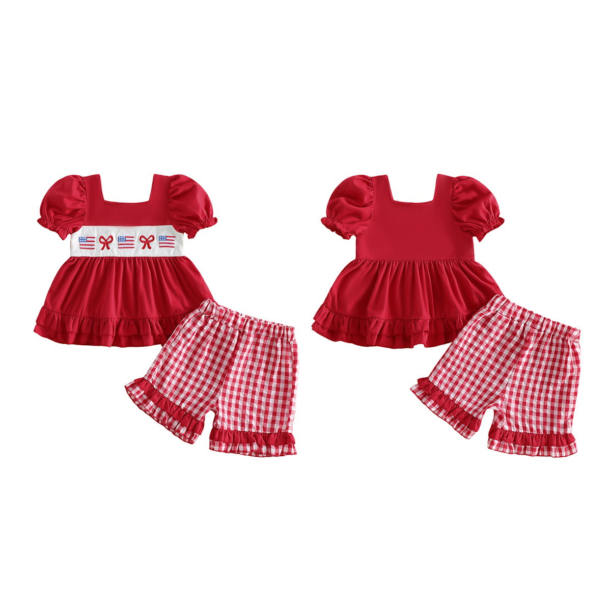 Children's outfit with red and blue top and shorts - ChildAngle Toddler Girls 4th of July Ruffle Plaid Tops and Shorts
