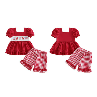 Children's outfit with red and blue top and shorts - ChildAngle Toddler Girls 4th of July Ruffle Plaid Tops and Shorts