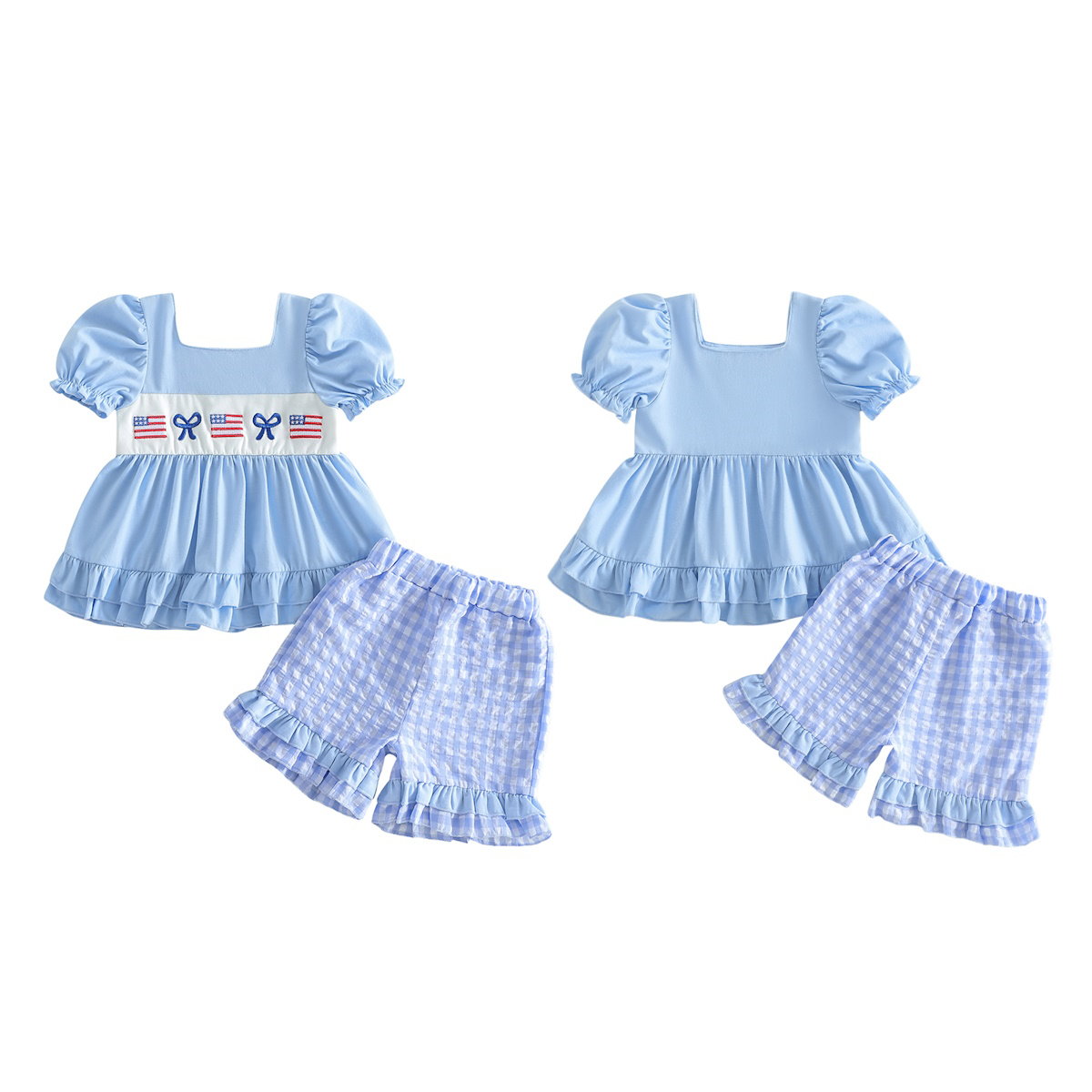 Children's outfit with red and blue top and shorts - ChildAngle Toddler Girls 4th of July Ruffle Plaid Tops and Shorts