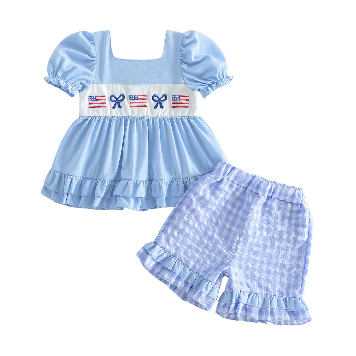 Children's outfit with red and blue top and shorts - ChildAngle Toddler Girls 4th of July Ruffle Plaid Tops and Shorts