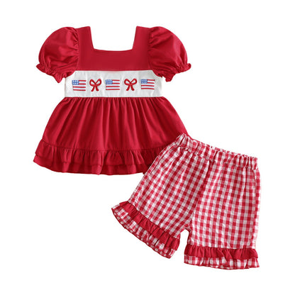 Children's outfit with red and blue top and shorts - ChildAngle Toddler Girls 4th of July Ruffle Plaid Tops and Shorts