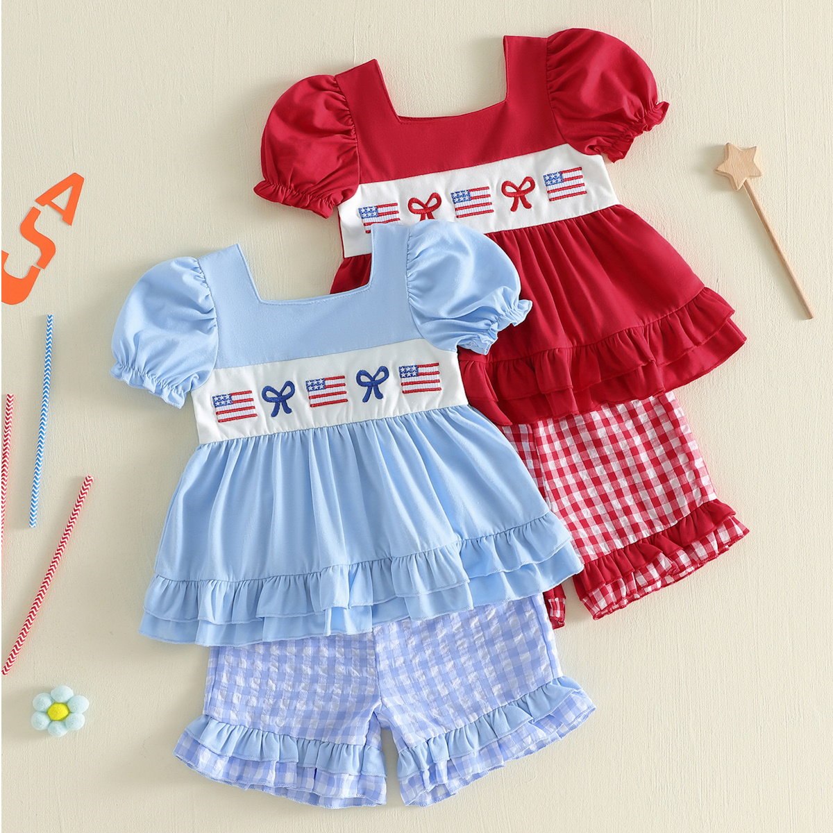 Children's outfit with red and blue top and shorts - ChildAngle Toddler Girls 4th of July Ruffle Plaid Tops and Shorts